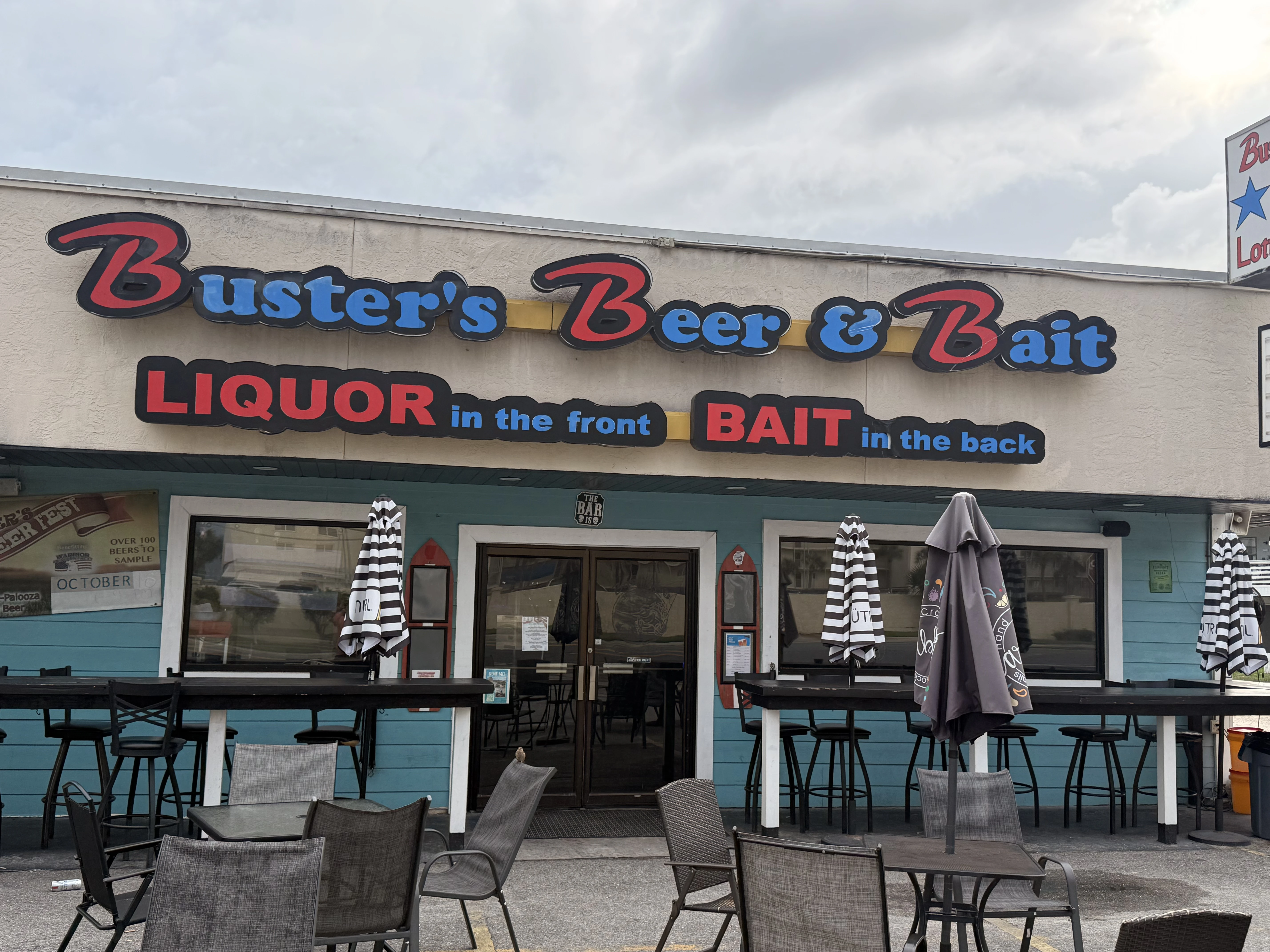Buster's Beer and Bait exterior sign Panama City Beach FL — Liquor in the front Bait in the back